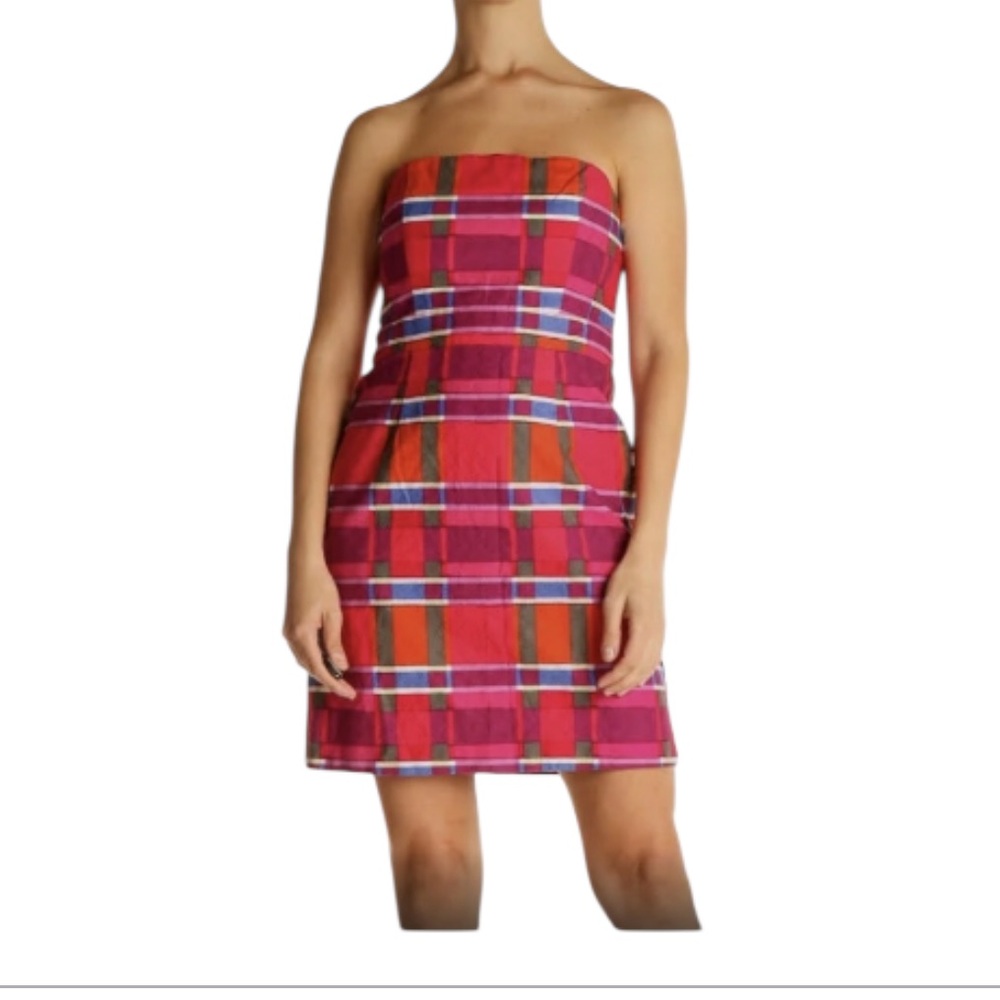 Banana Republic Strapless Plaid Sheath Dress in Pink and Red